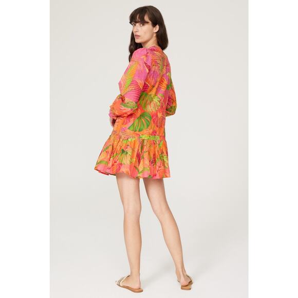 FARM RIO Pink Orange Floral Cotton A-Line Tie Waist Ombre Forest Mini Dress S - Picture 3 of 16